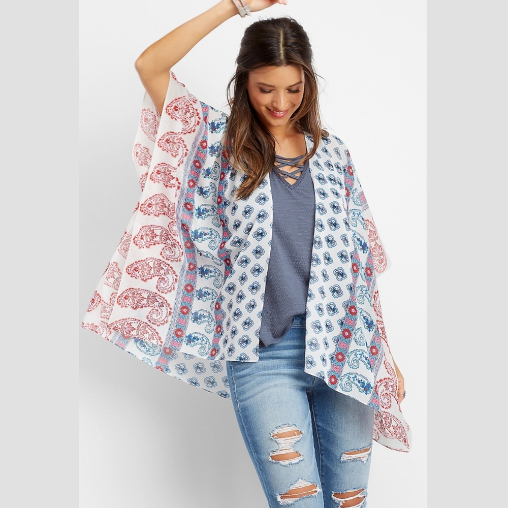 Women's Maurices Open Front Border Print Floral Paisley Kimono Style Sheer Cover
